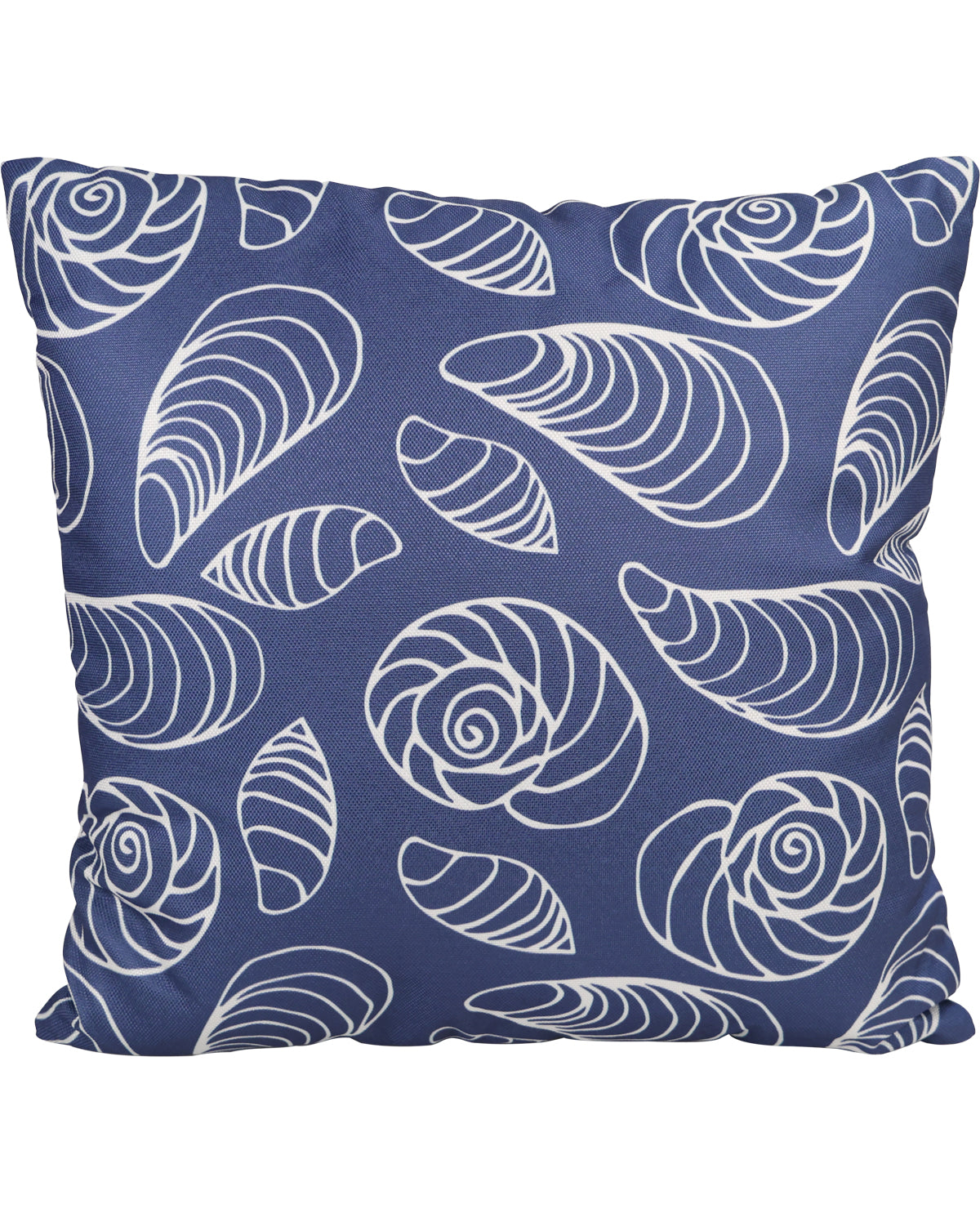 Blue pillow with white shell pattern on a white background