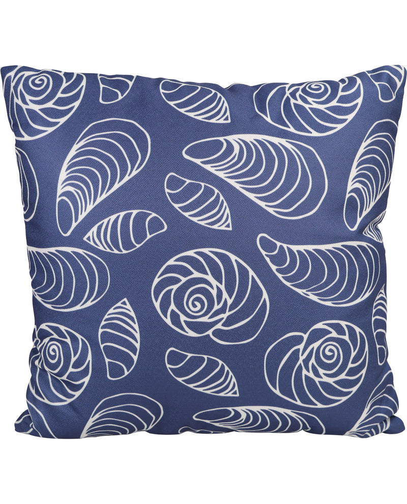 Blue pillow with white shell pattern on a white background