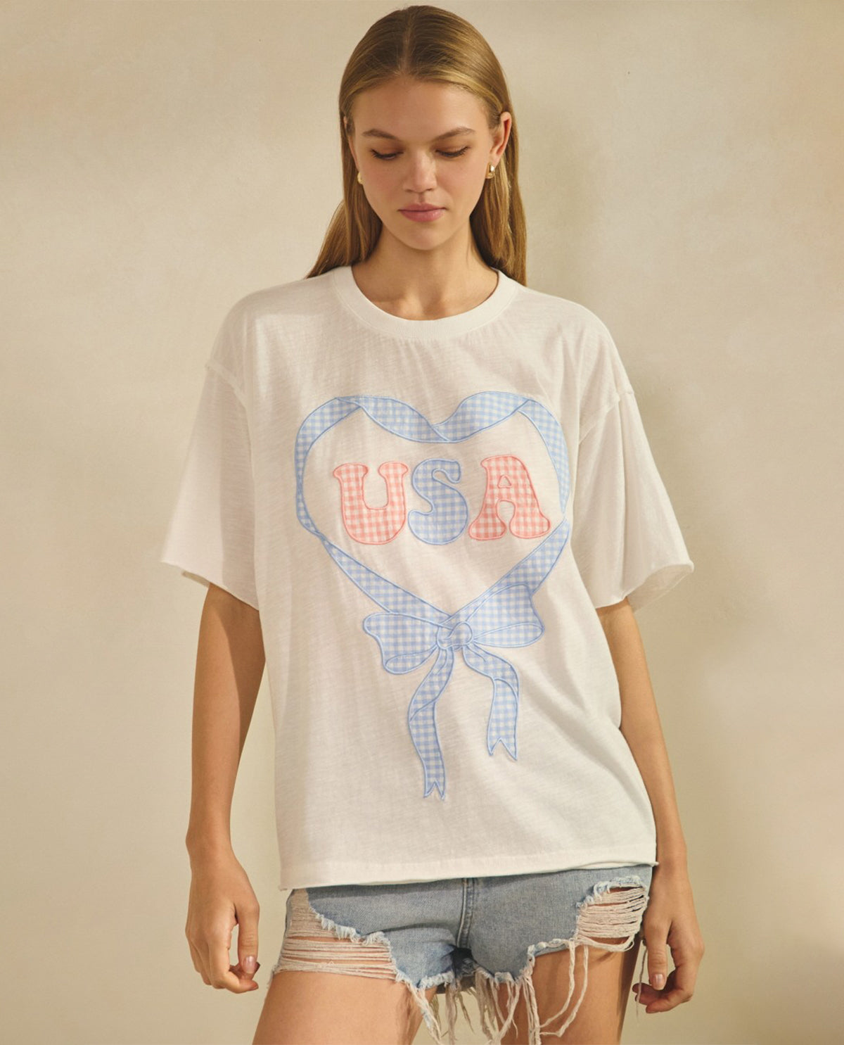 Oddi Gingham & Bow USA Tee White