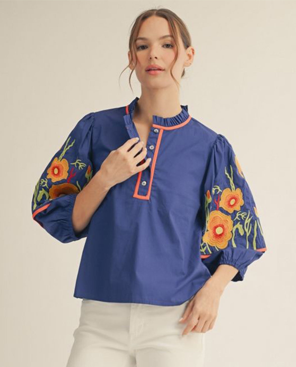 Jodifl Embroidered Sleeve Top Cobalt Blue
