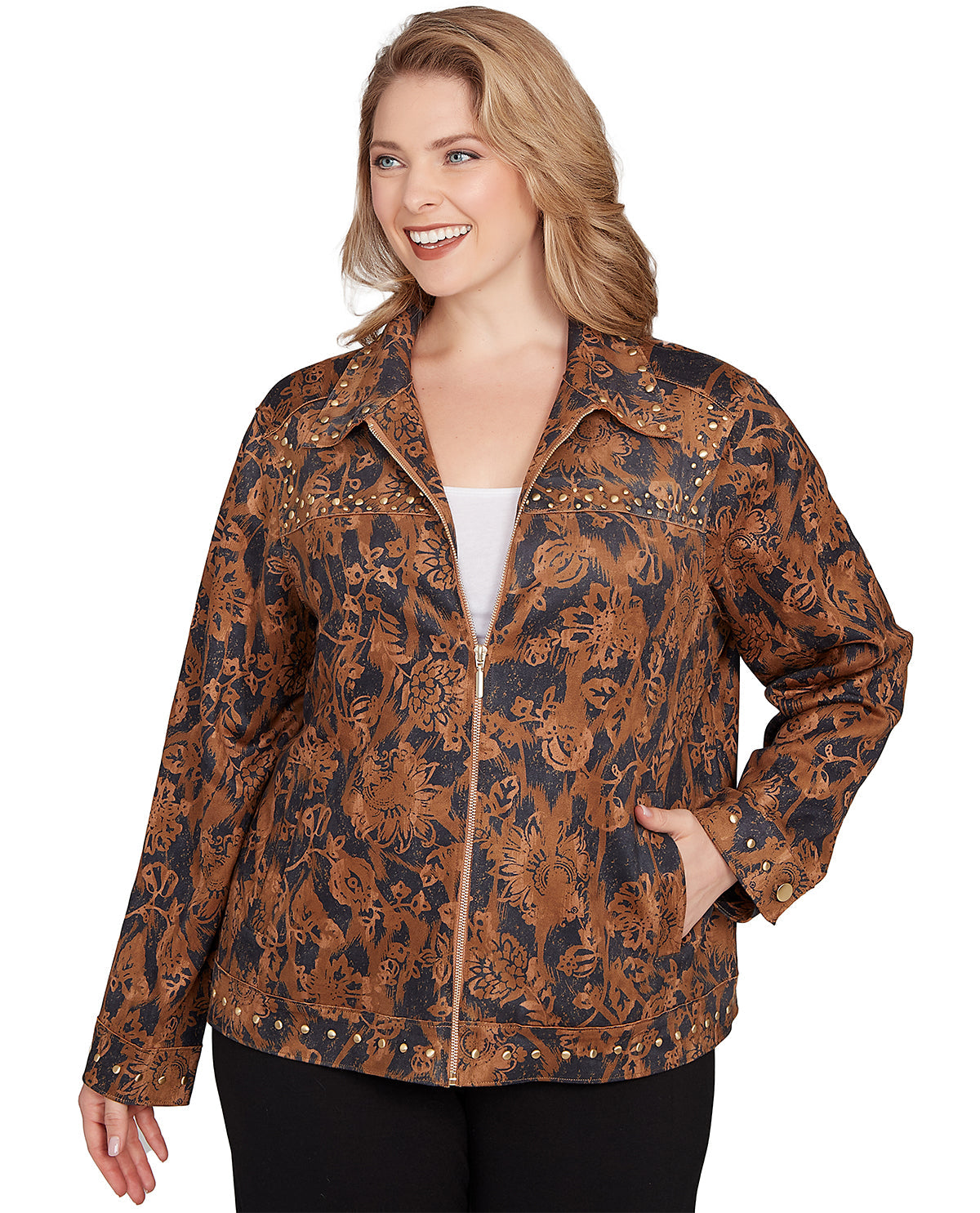 Woman wearing a brown patterned jacket on a white background