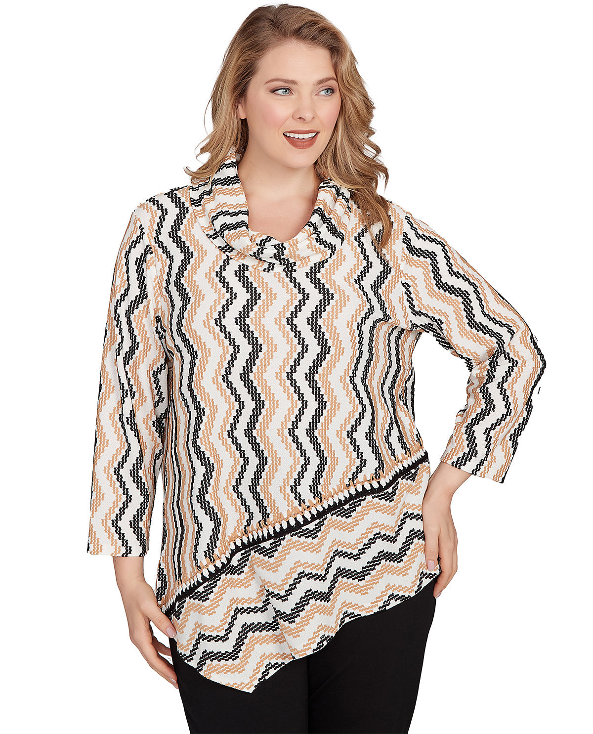 Woman wearing a patterned blouse on a white background