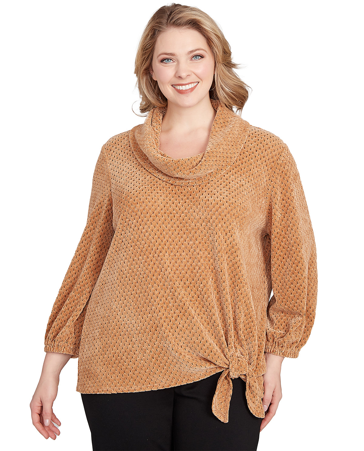 Woman wearing a brown textured sweater on a white background