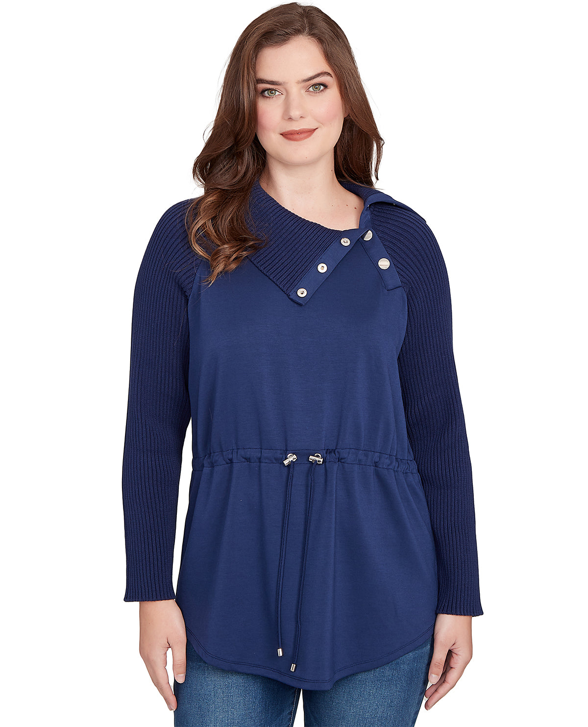 Ruby Road Petite Nouveau Chic Scuba Pullover Knit Top Deep Blue