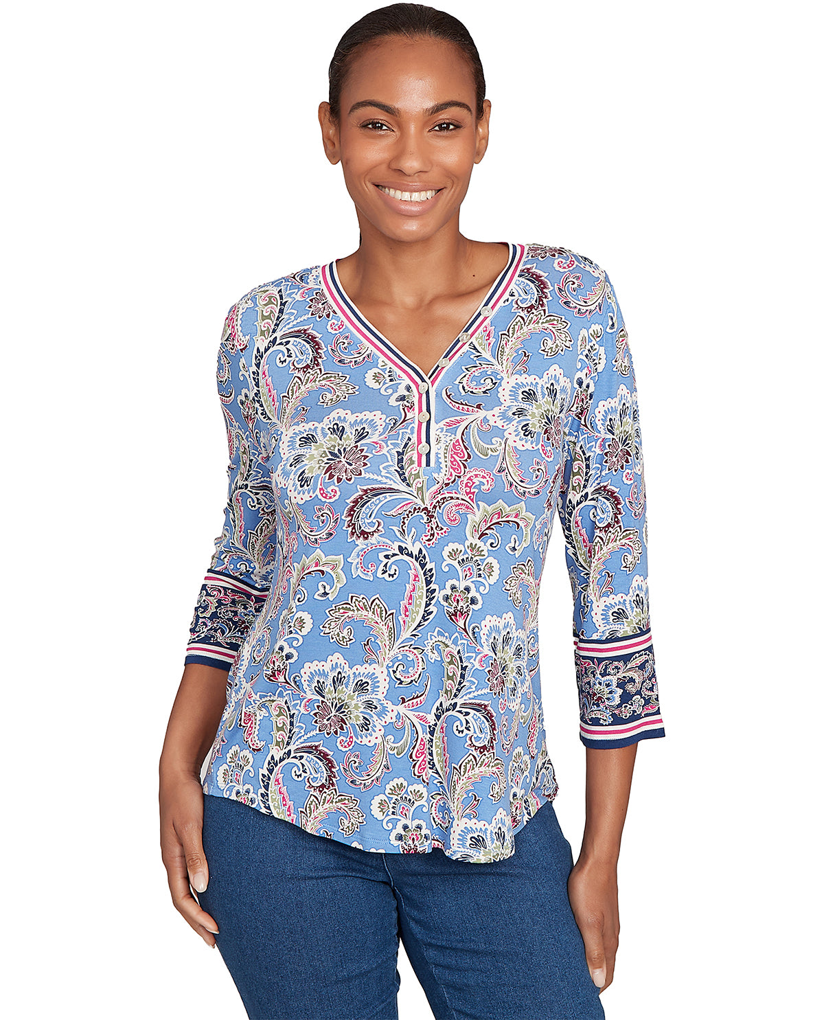 Ruby Road Nouveau Chic Petite Baroque Knit Top Slate Blue