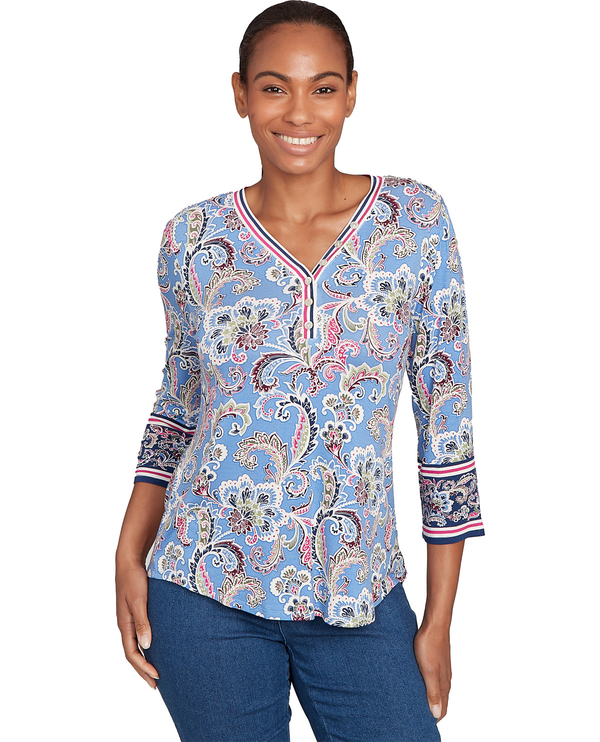 Ruby Road Nouveau Chic 3/4 Sleeve Floral Knit Top Slate Blue