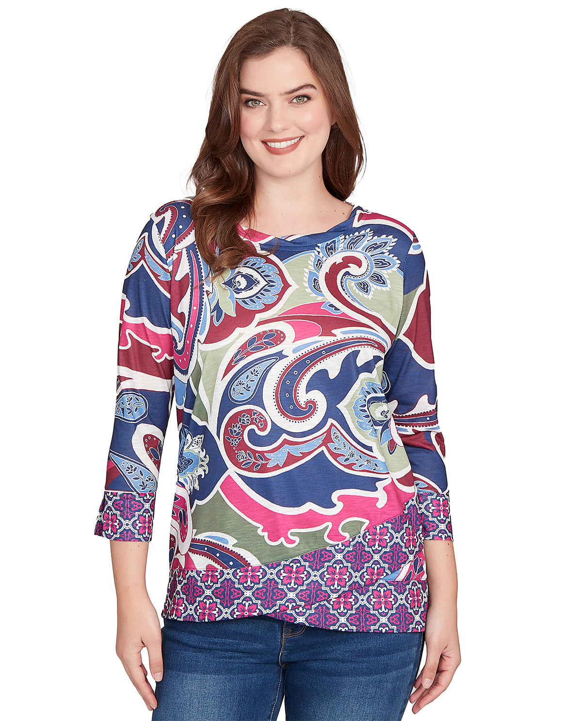 Ruby Road Nouveau Chic Petite Geometric Knit Top Deep Blue
