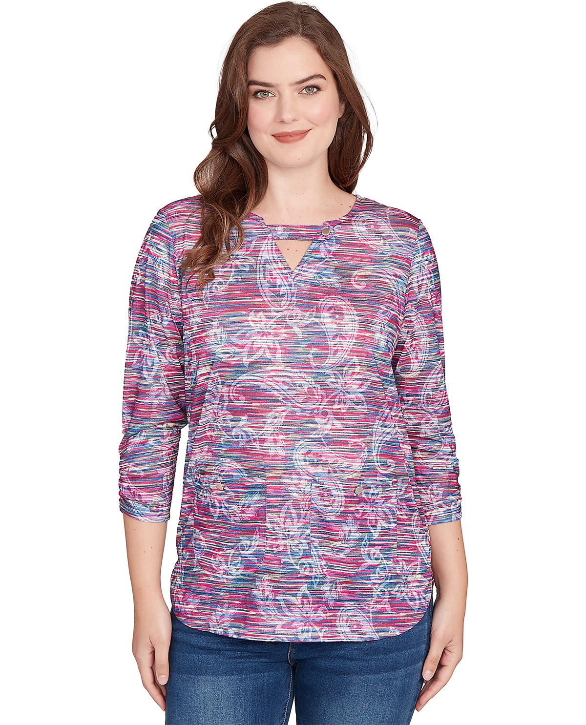 Ruby Road Petite Nouveau Chic Paisley Knit Top Deep Blue