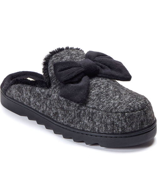 A single women's slip-on slipper in a dark gray and black heathered fabric, featuring a large black fabric bow on the top and a black sole, shown against a plain white background.