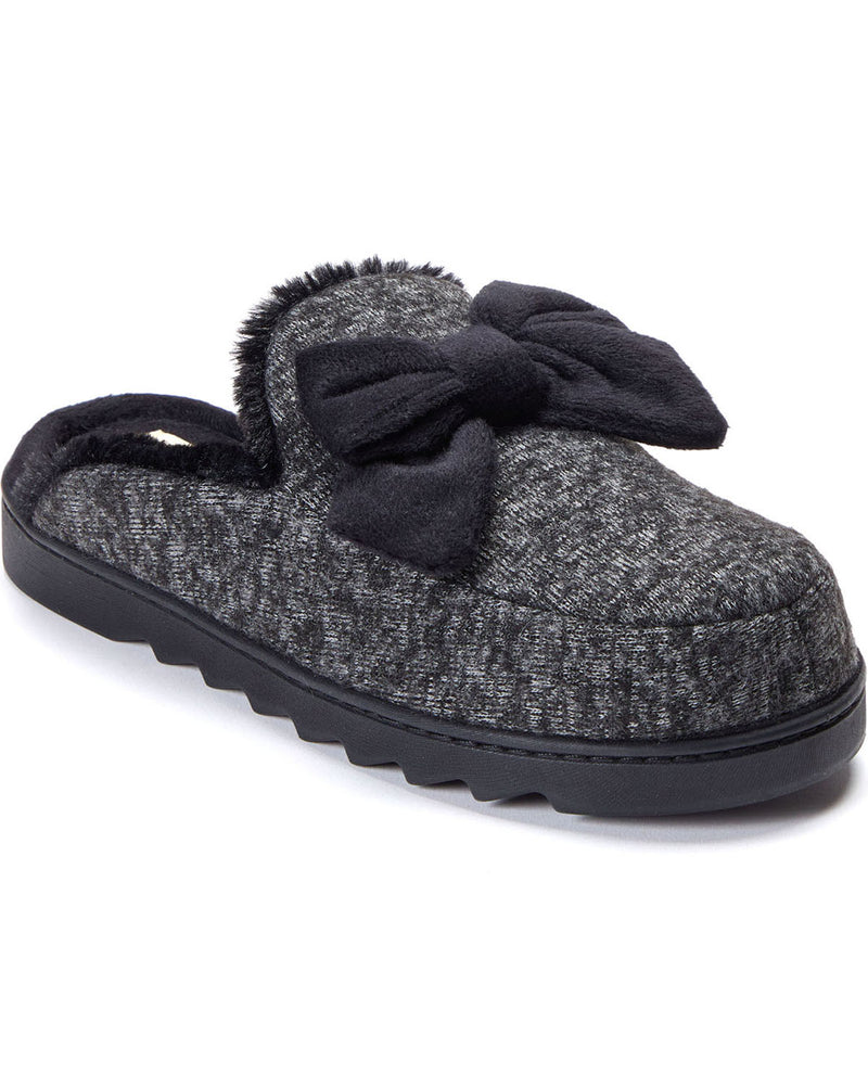 A single women's slip-on slipper in a dark gray and black heathered fabric, featuring a large black fabric bow on the top and a black sole, shown against a plain white background.