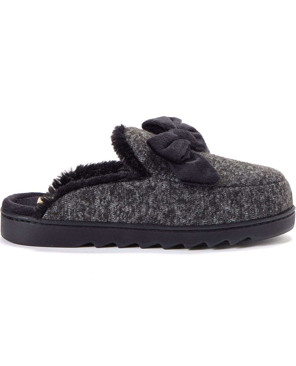 A single dark gray and black heathered slip-on mule slipper with a plush black faux-fur trim and a large matching bow on the top, shown against a plain white background.