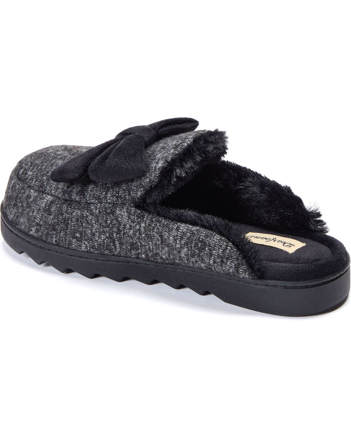 A single slip-on mule slipper in a heathered charcoal gray fabric, featuring a black faux-fur trim, a black bow detail on top, and a black textured sole. A small gold brand tag is visible on the insole.