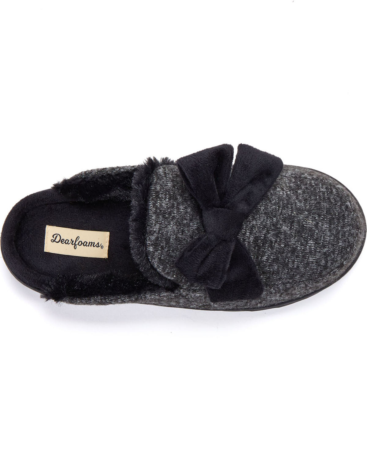 A single gray and black textured slouchy slipper with a large black bow on the top and black faux-fur trim, featuring a visible 'Dearfoams' brand label on the insole.