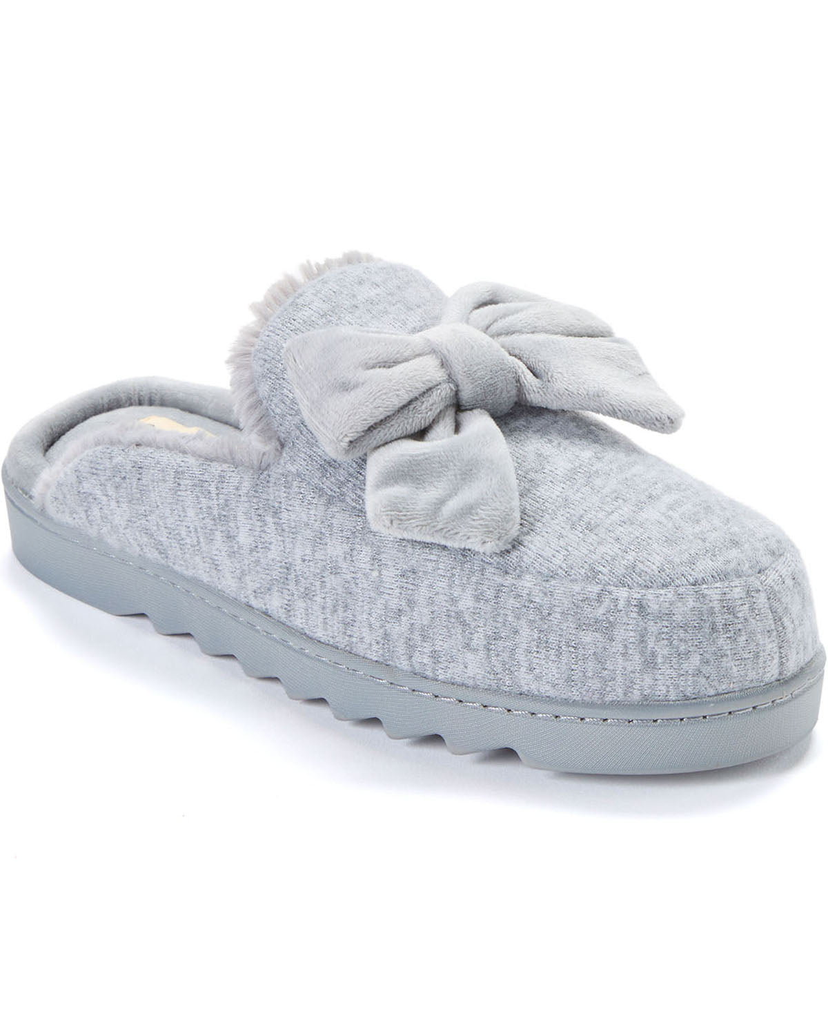 A light gray heather slip-on mule slipper with a large matching fabric bow on top and a thick ridged sole, shown on a white background.