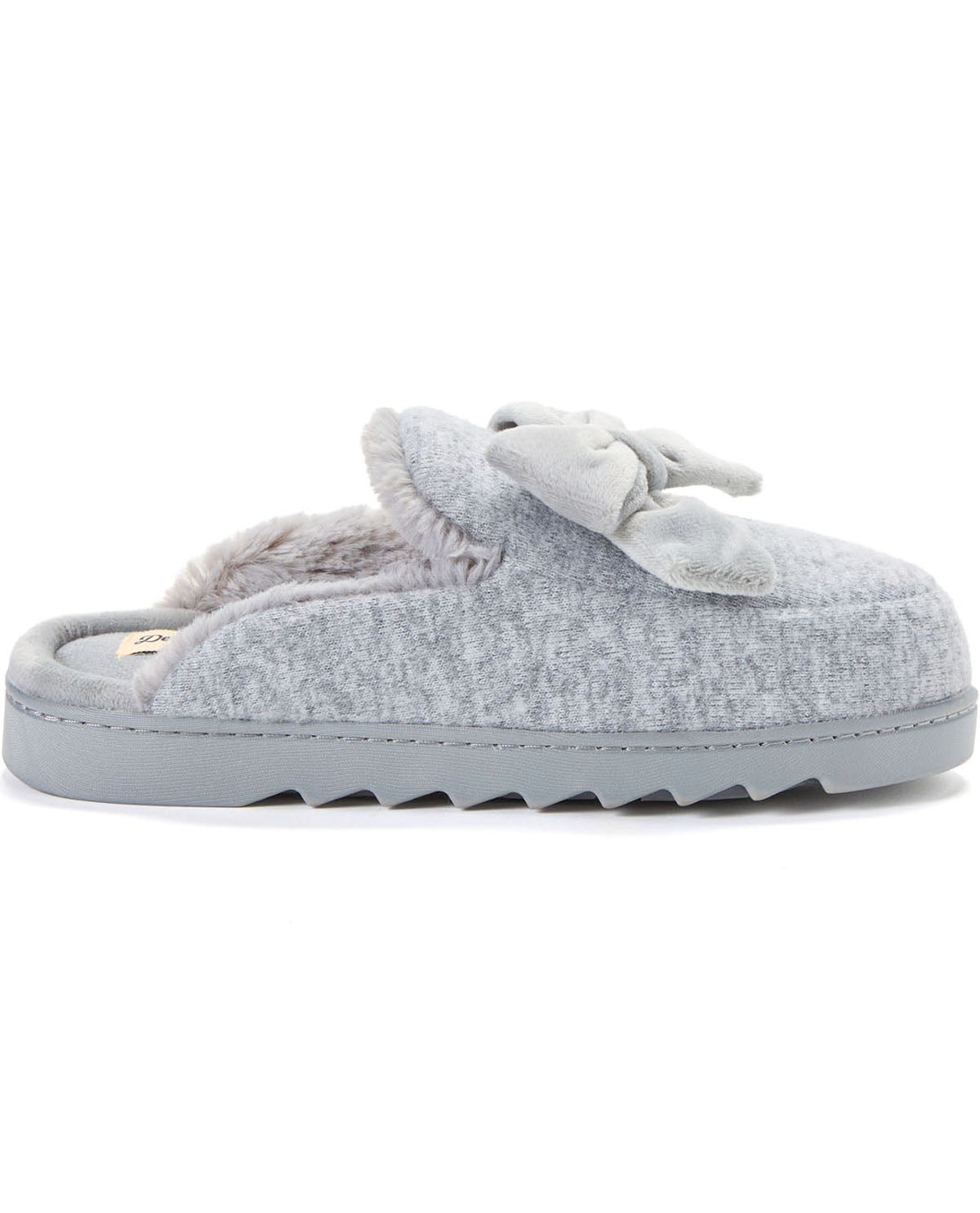 A light gray slip-on mule slipper with a textured fabric upper, plush faux-fur lining, and a matching bow detail on the top, shown against a plain white background.