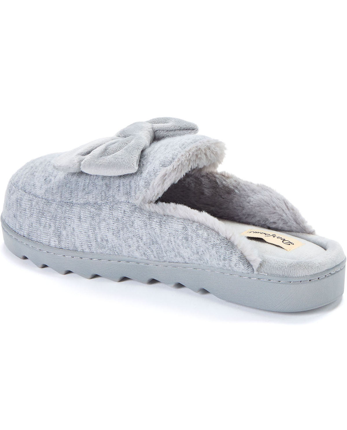 A light gray slip-on mule slipper with a fuzzy bow detail on the top, a plush gray interior, and a textured sole, shown against a plain white background.