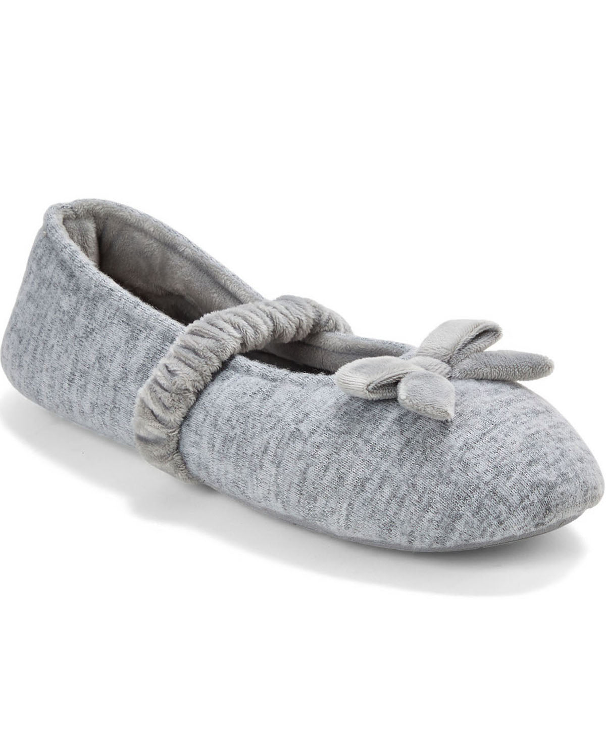 A single light gray heathered slip-on shoe with a fuzzy elastic strap across the instep and a matching fabric bow on the toe, shown on a white background.
