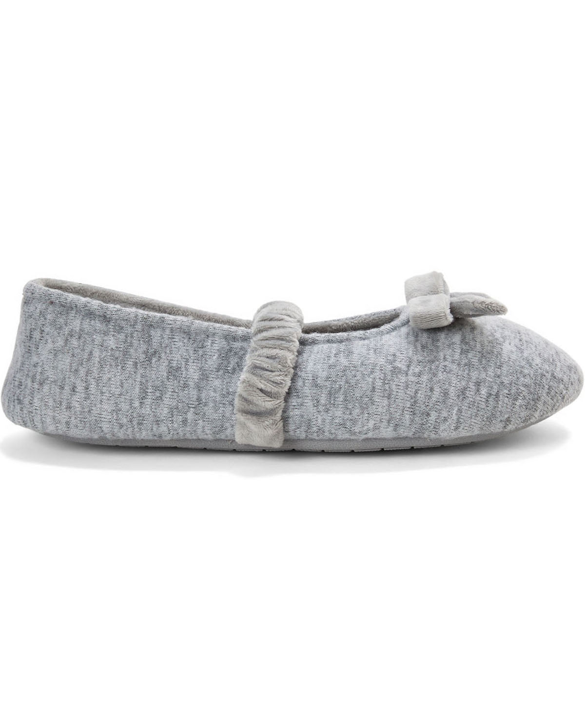 A single light gray heathered knit slipper with a small matching fabric bow on the toe, shown in profile against a white background.