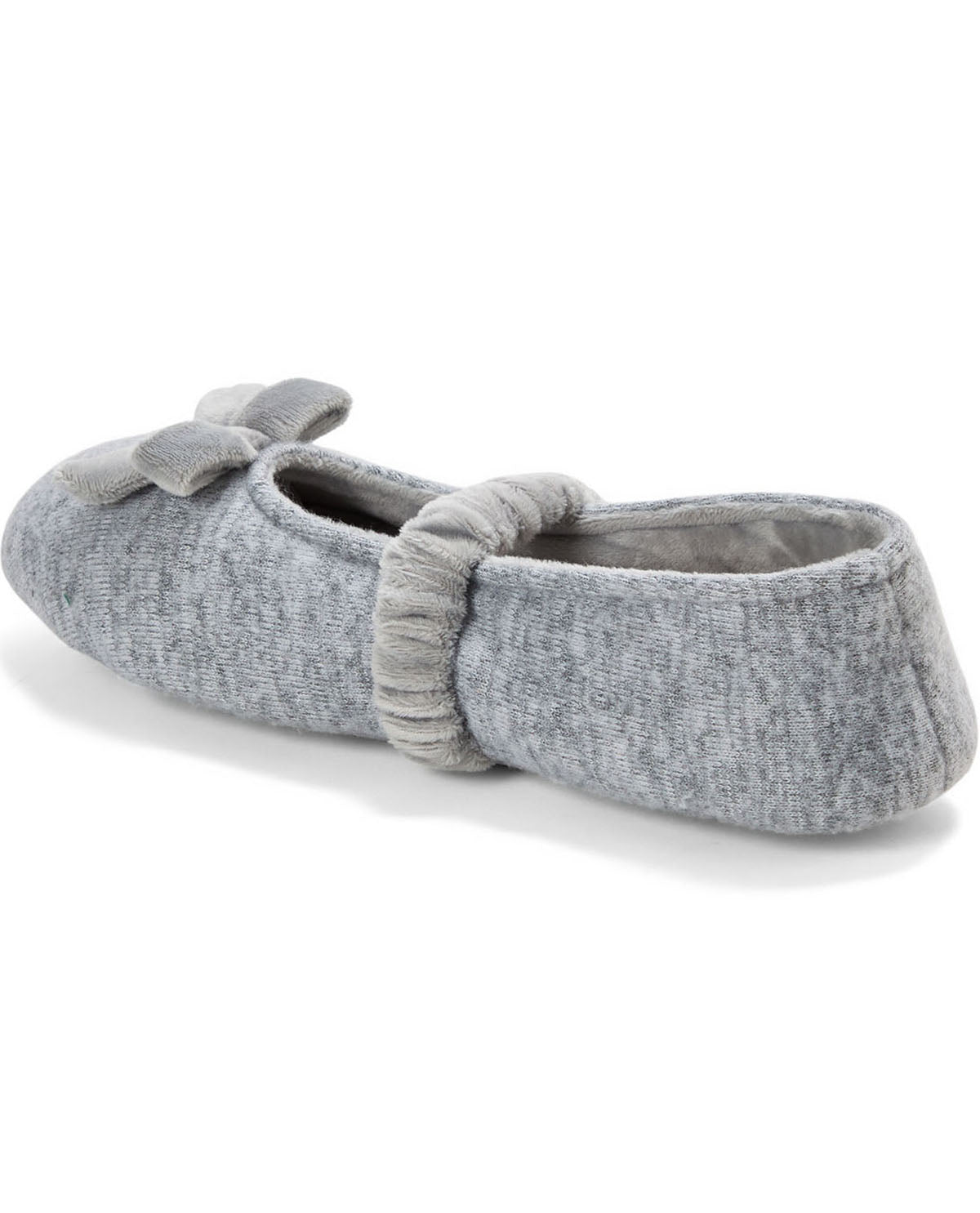 A single light gray knit slipper with a matching fabric bow on the toe and a ruffled elastic strap across the instep, shown on a white background.