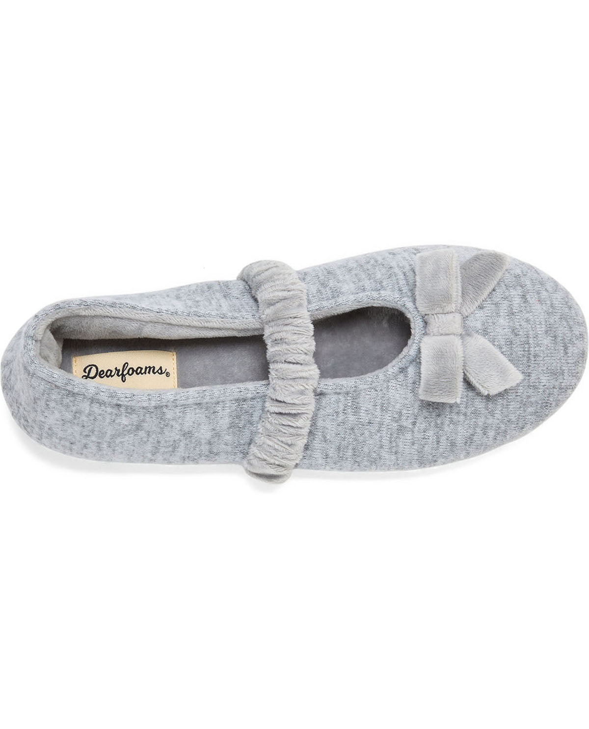 A light gray heathered slip-on shoe by Dearfoams, featuring a ruffled strap across the instep and a matching fabric bow on the toe, shown against a plain white background.