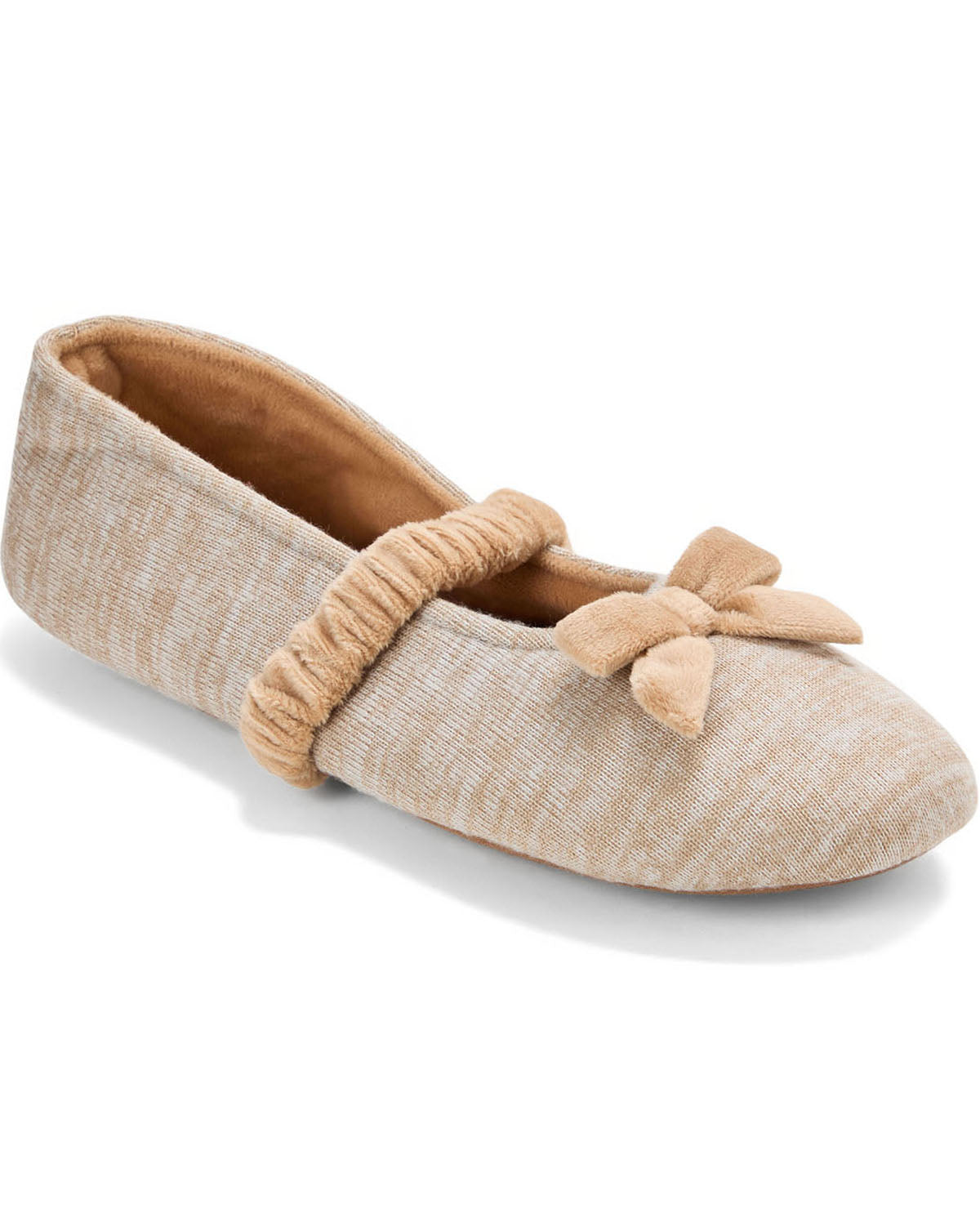 A single beige textured fabric flat shoe with a matching fabric strap and bow detail on the vamp, shown against a plain white background.
