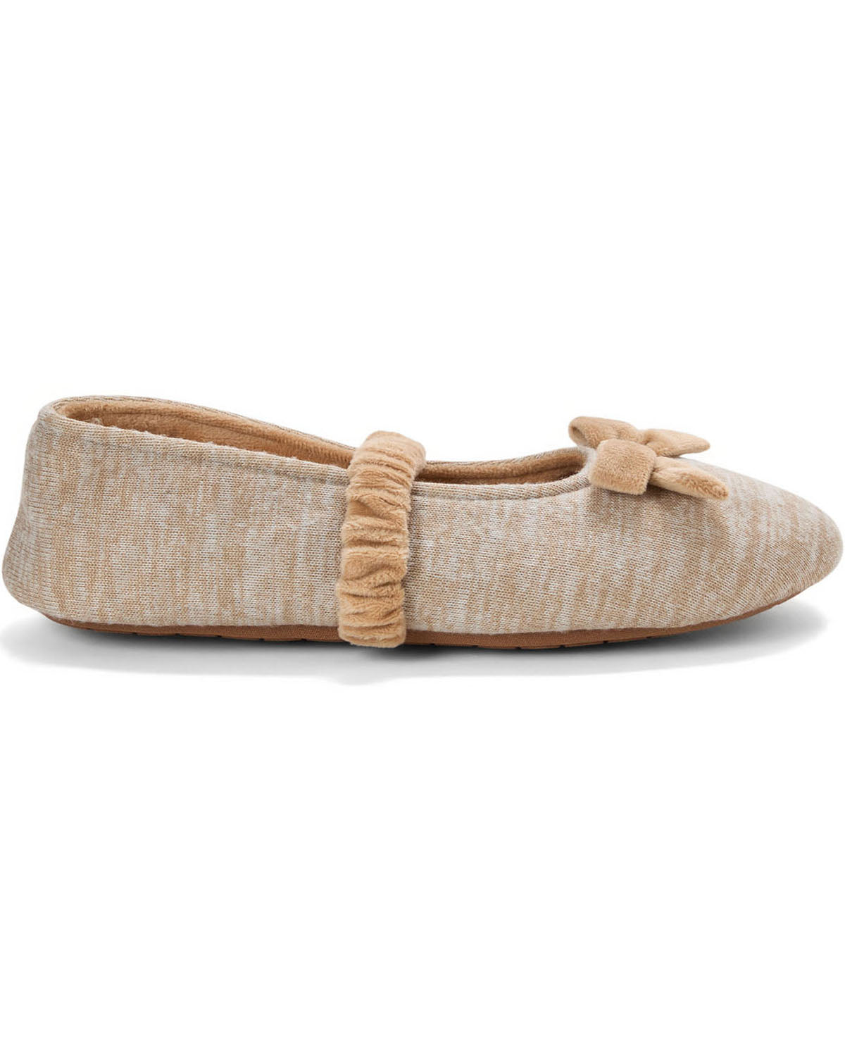 A single beige textured fabric ballet flat shoe with a matching fabric bow and ruffled strap on the instep, shown against a plain white background.
