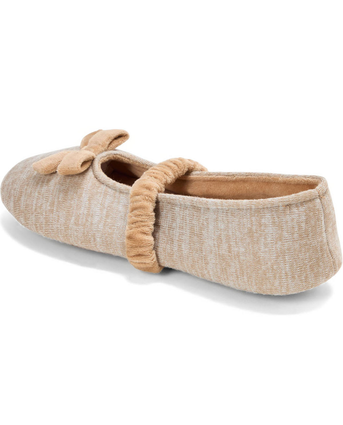 A single beige slip-on shoe with a textured fabric upper, a matching fabric bow on the toe, and a ruffled elastic strap across the instep, shown on a white background.
