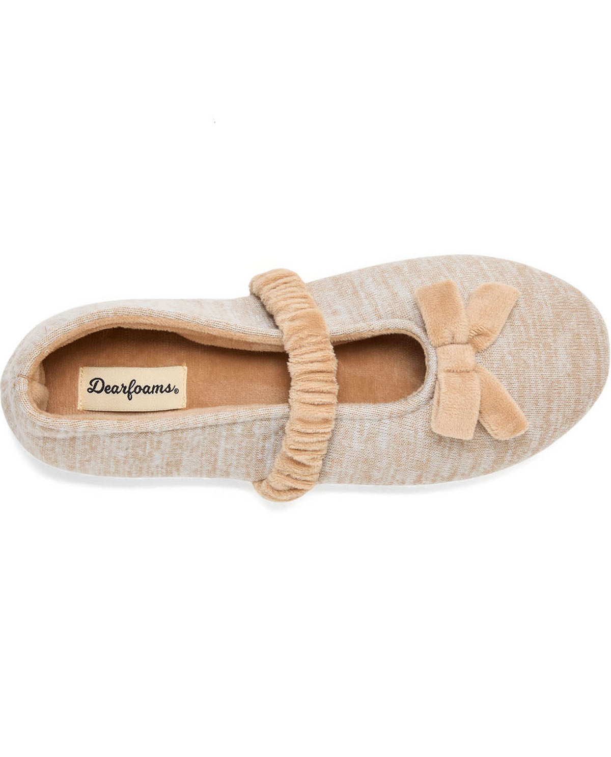 A single beige heathered slip-on shoe with a matching fabric bow and ruffled strap across the top, shown from a top-down view on a white background. The brand name 'Dearfoams' is visible on the insole.