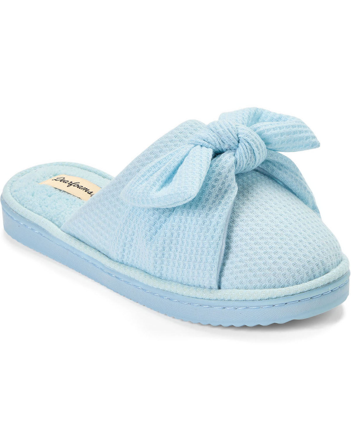 A light blue waffle-textured slip-on house slipper with a large bow detail across the top, shown on a clean white background.