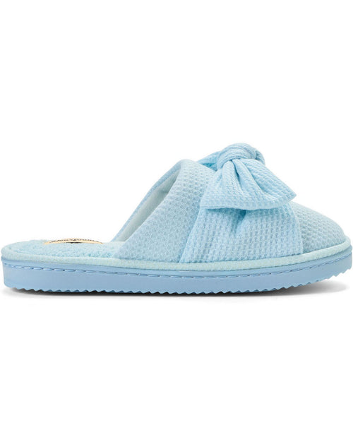 A light blue waffle-knit slip-on sandal with a large bow detail across the top strap and a matching blue sole, shown against a plain white background.