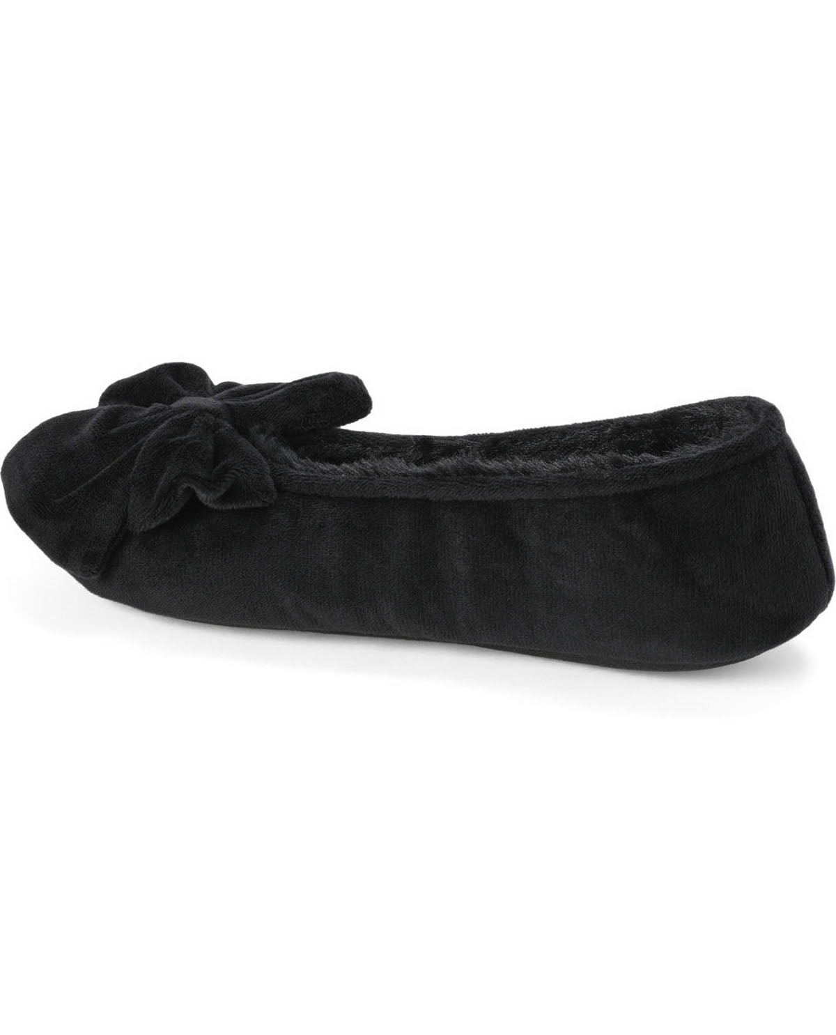 A single black slip-on shoe with a plush velvet bow on the toe and a soft fuzzy lining, shown against a plain white background.