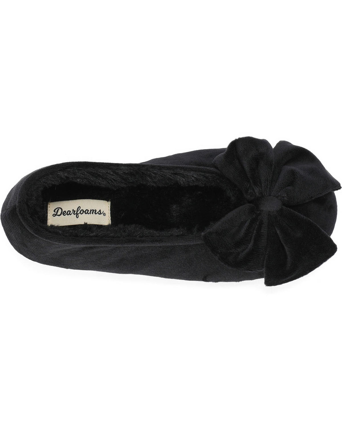 A single black slip-on shoe by Dearfoams, featuring a plush faux-fur interior and a large velvet bow on the toe, shown against a plain white background.