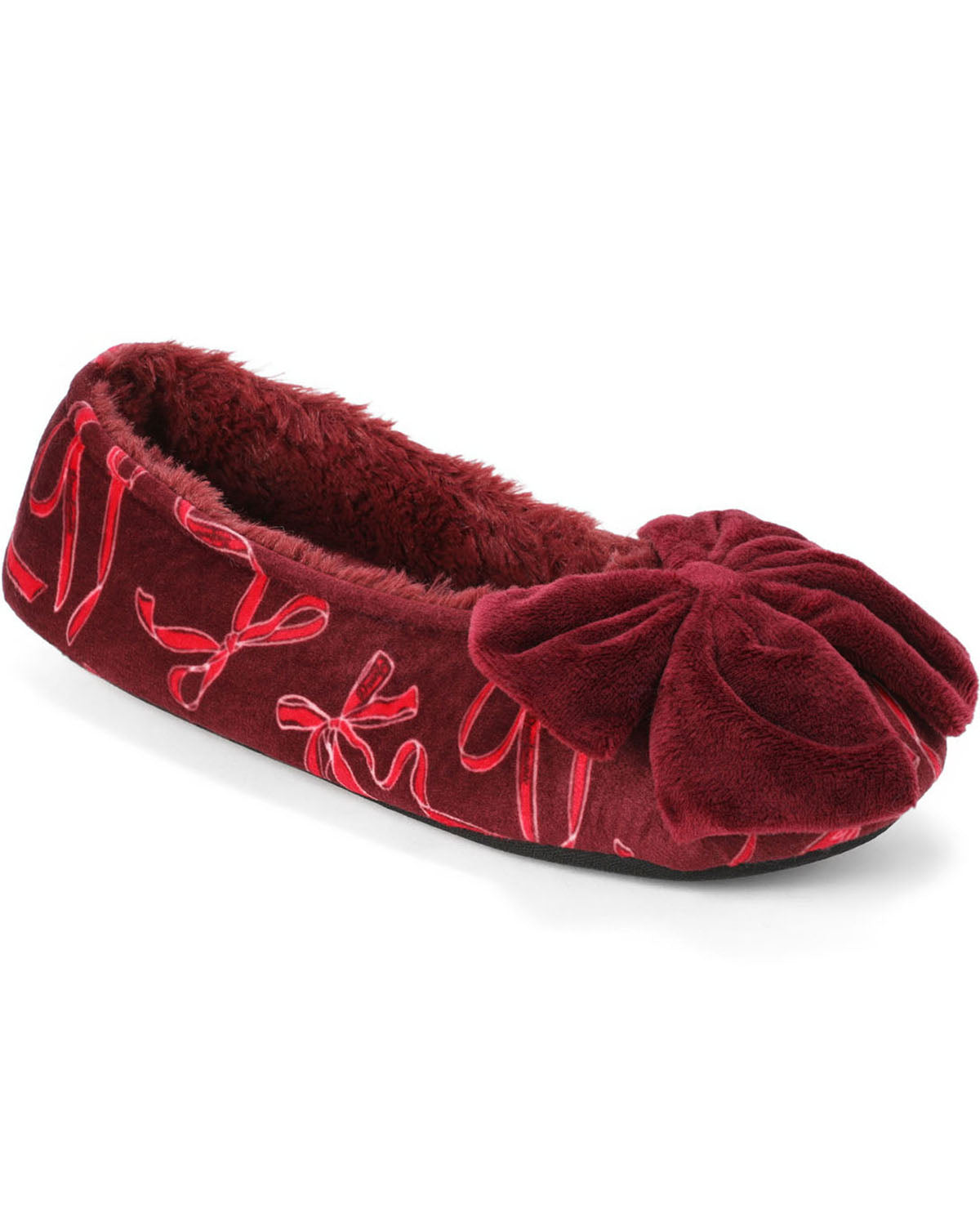 A single plush slipper in deep burgundy red, featuring a large matching bow on the toe and red embroidered script details, set against a plain white background.