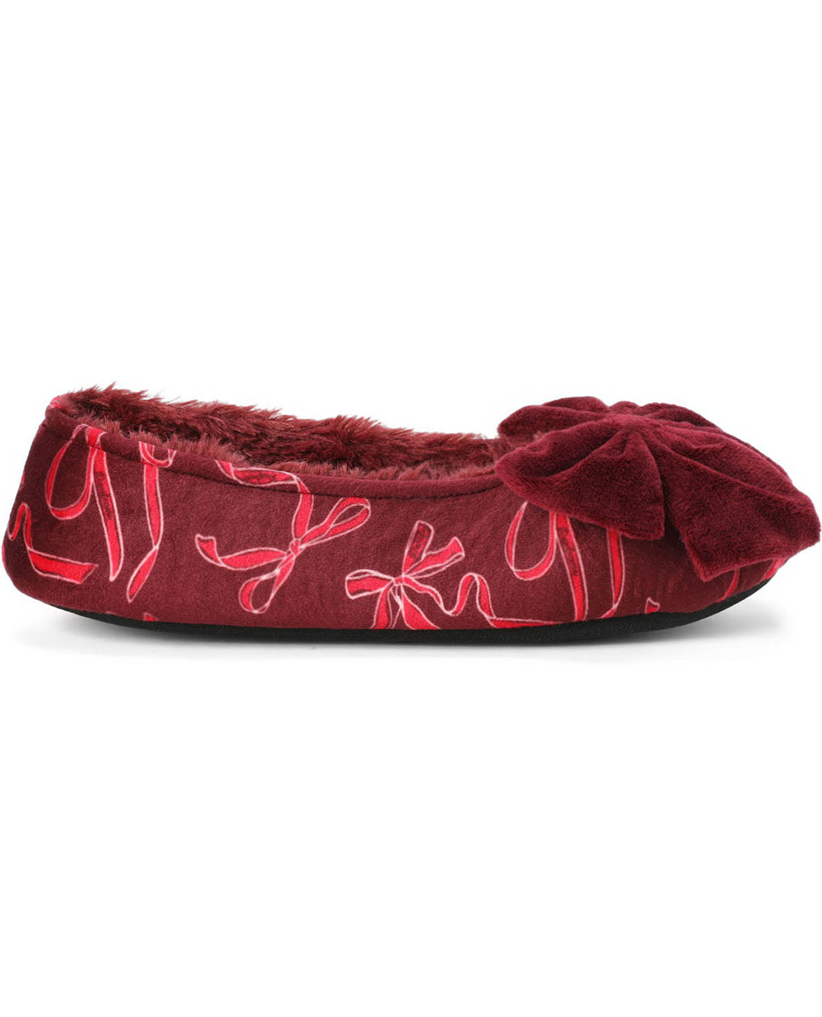A single burgundy velvet slipper with a large matching bow on the toe and red embroidered ribbon motifs, shown against a plain white background.