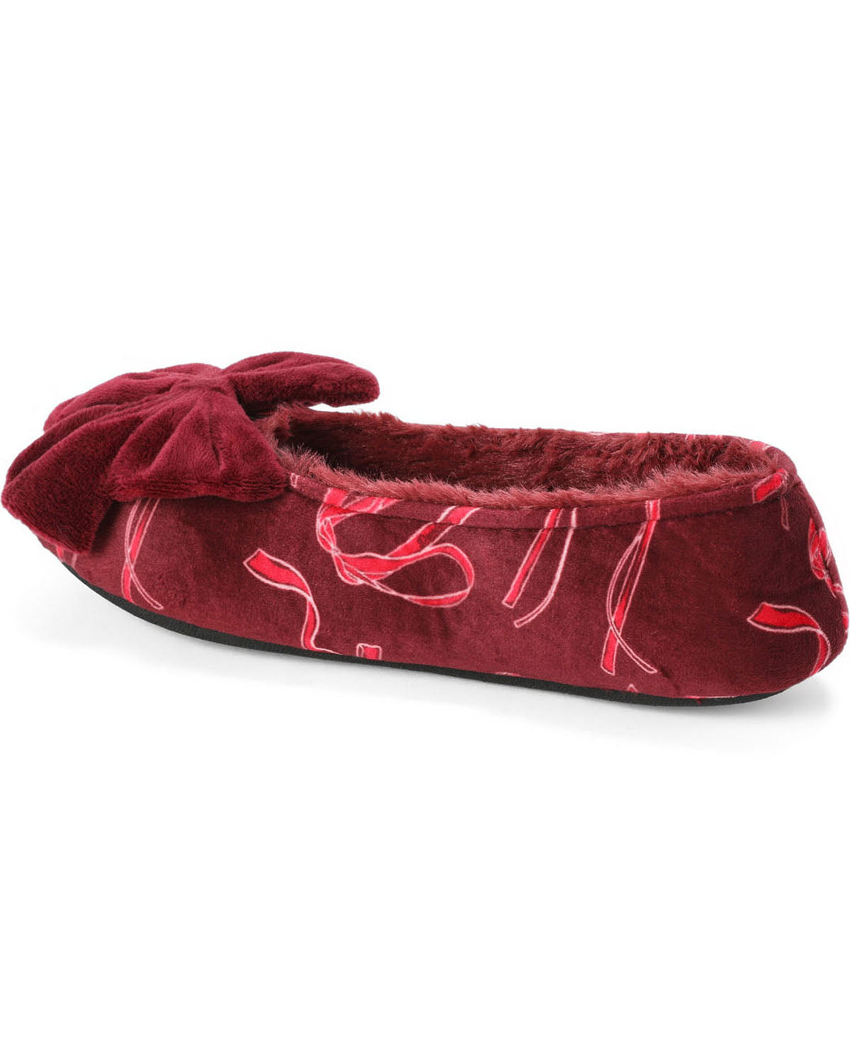 A single plush slipper in deep burgundy velvet with a matching bow on the toe and a red abstract line pattern, shown on a white background.
