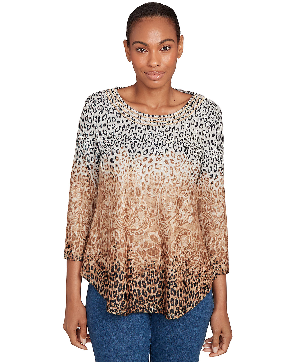 Ruby Road Petite Cozy Time Embellished Ombre Knit Top Tan