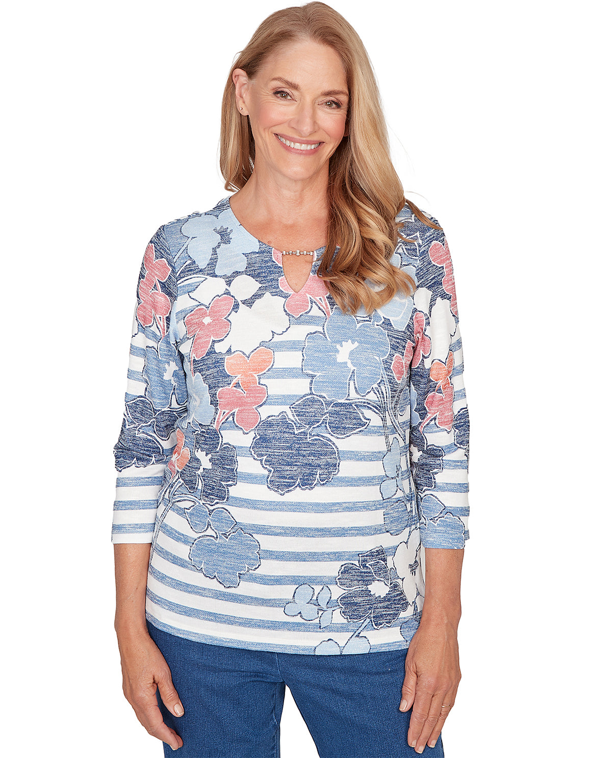Alfred Dunner Austin Stripe Floral Top Blue