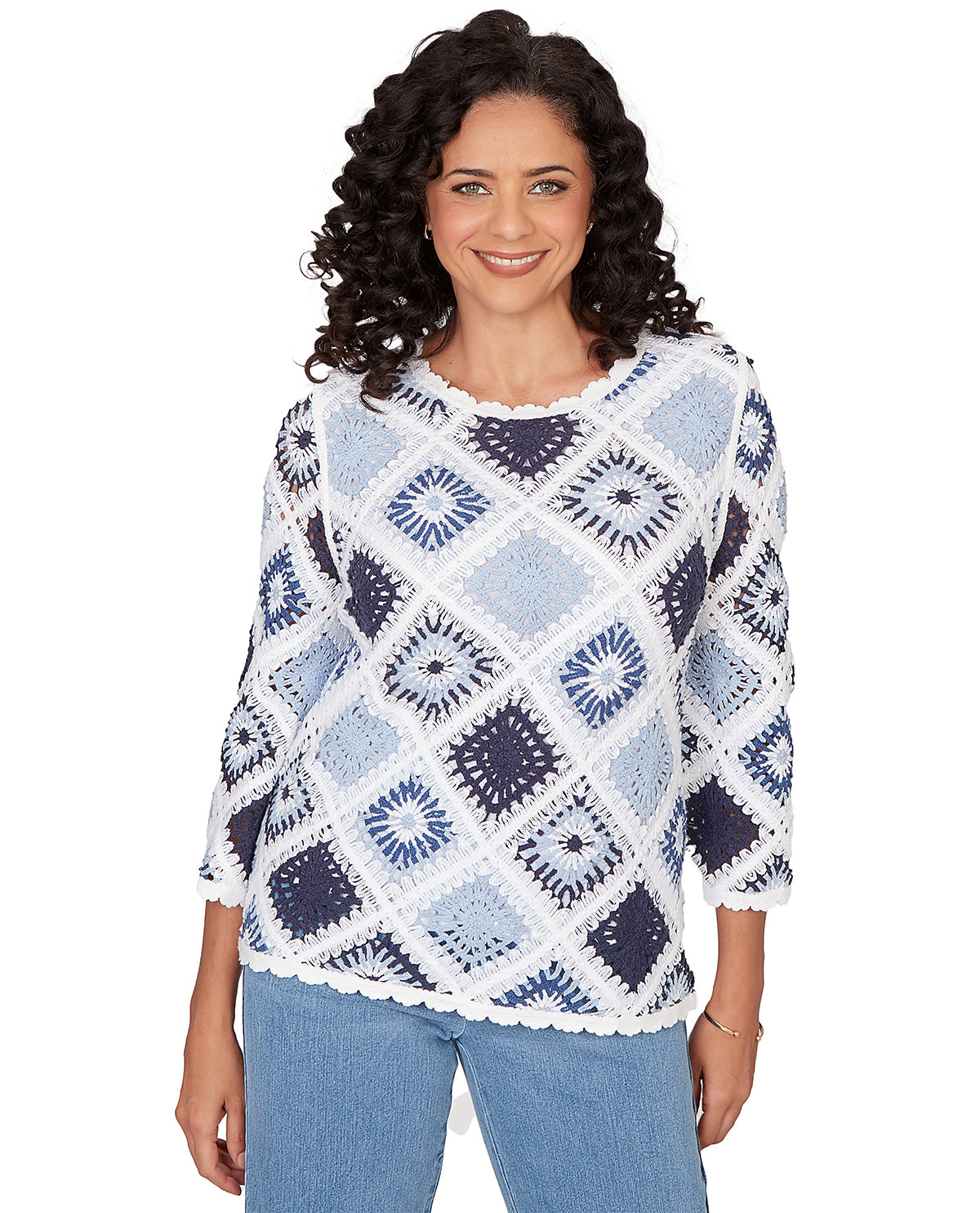 Alfred Dunner Austin Diamond Crochet Top Blue