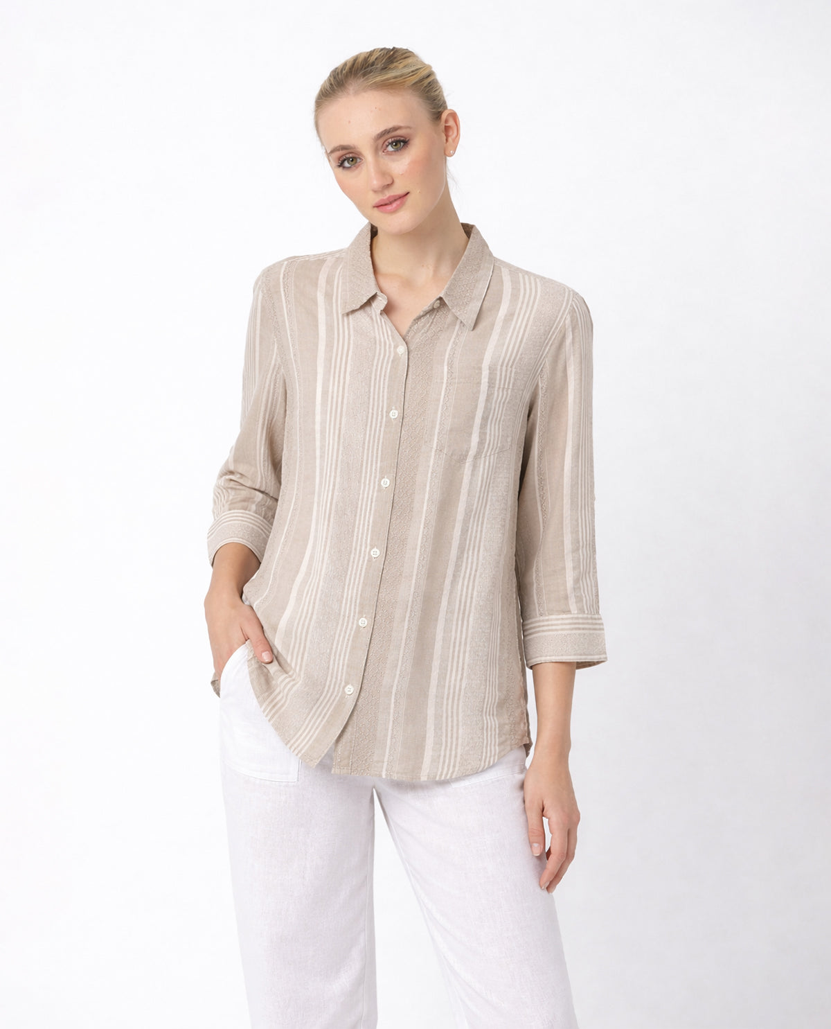 Dash Petite Linen 3/4 Sleeve Button Front Top