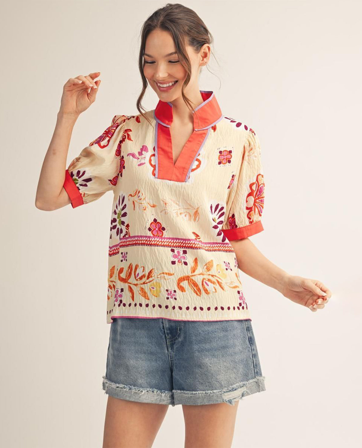 Jodifl Print Top With Solid Trim