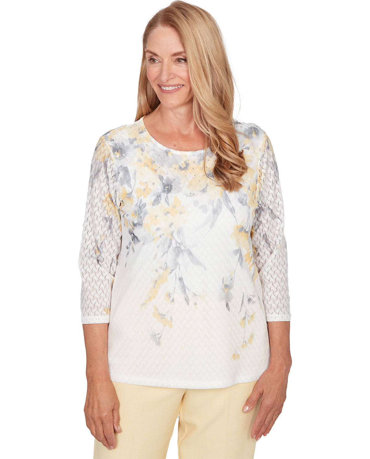 Alfred Dunner Al Fresco Floral Yoke Knit Top Yellow