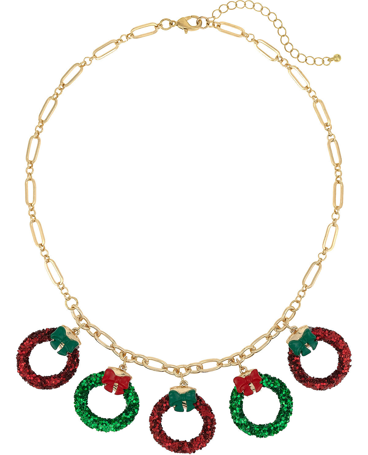 A gold-tone chain necklace featuring five holiday wreath charms in red and green rhinestones, each with a small red bow detail, displayed on a clean white background.