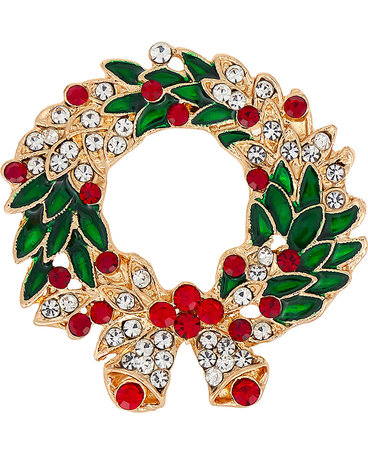 A gold-tone Christmas wreath brooch embellished with green enamel leaves, red enamel berries, and clear rhinestones, set against a plain white background.