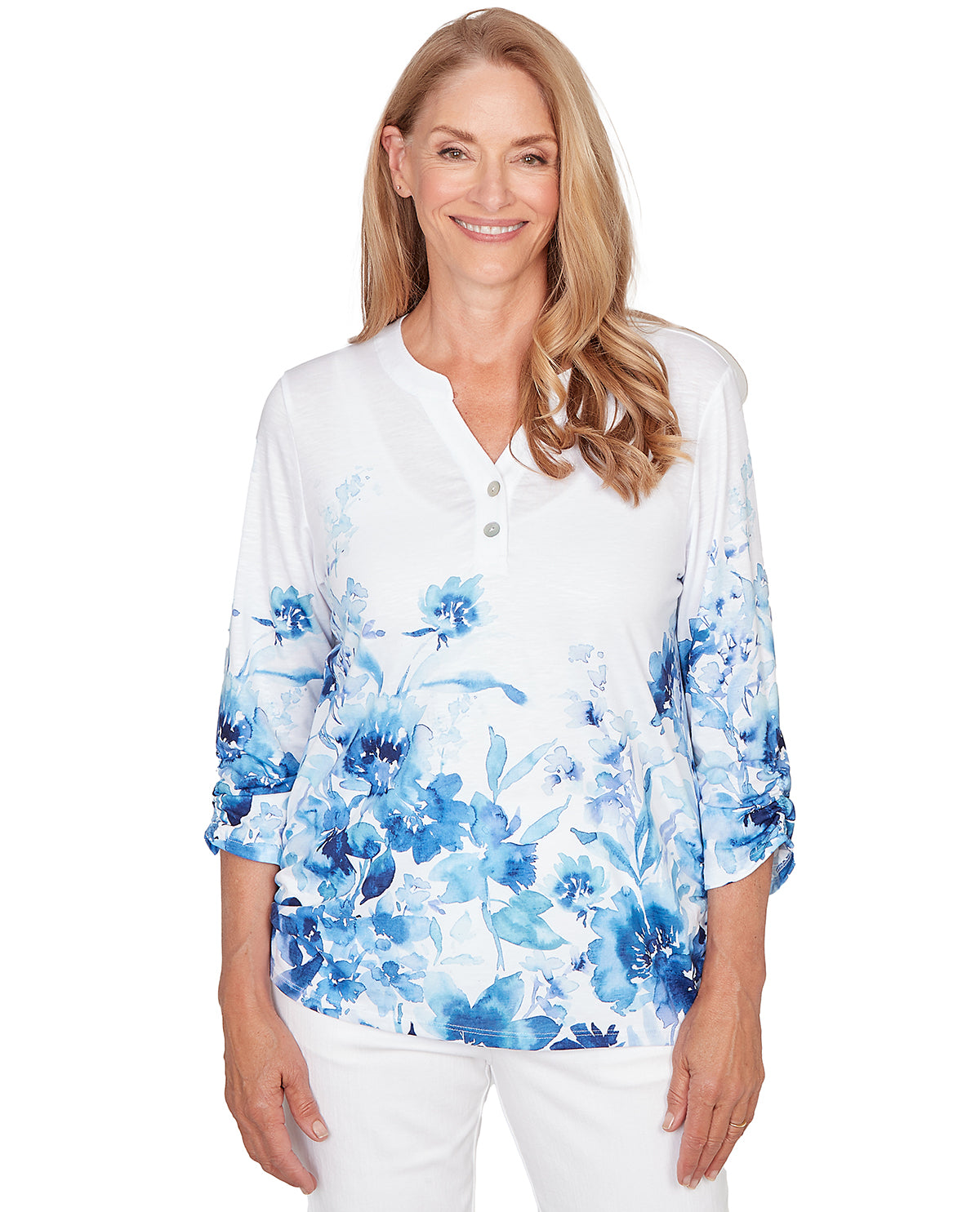 Alfred Dunner Petite Mykonos Watercolor Floral Border Knit Top Blue