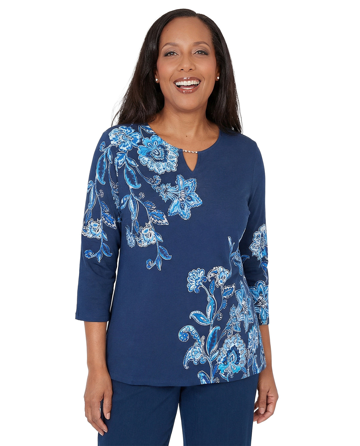 Alfred Dunner Petite Mykonos Asymmetric Floral Top Blue