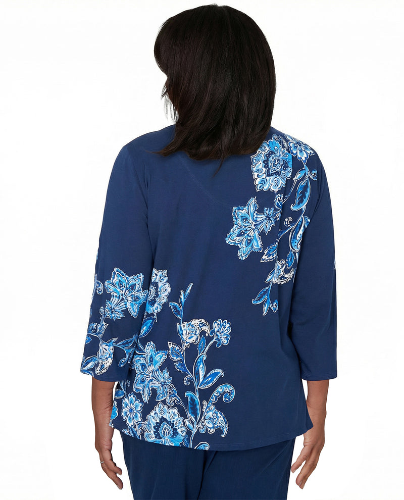 Alfred Dunner Petite Mykonos Asymmetric Floral Top Blue