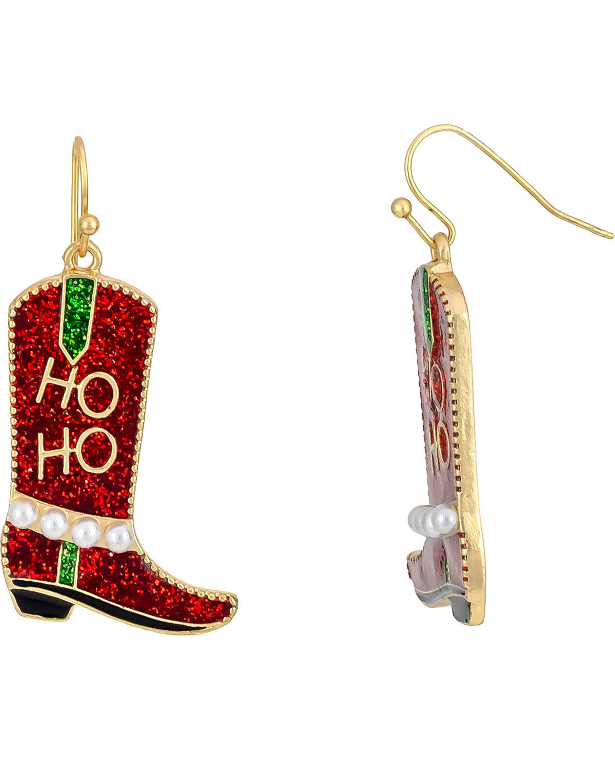 A pair of gold-tone dangling earrings shaped like cowboy boots, decorated with red glitter, green enamel, white faux pearls, and gold 'Ho Ho Ho' lettering, shown on a plain white background.
