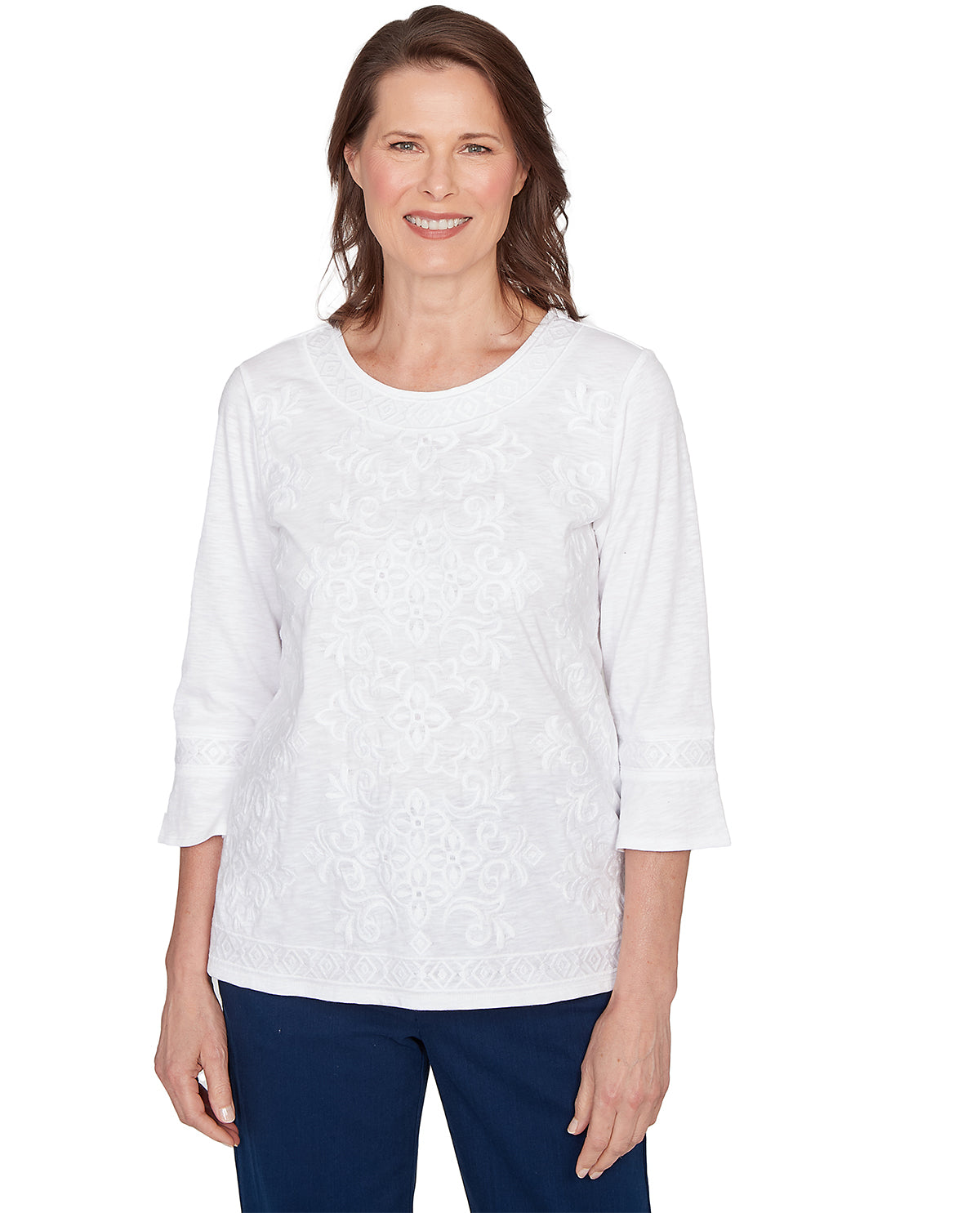 Alfred Dunner Petite Mykonos White Medallion Embroidery Top