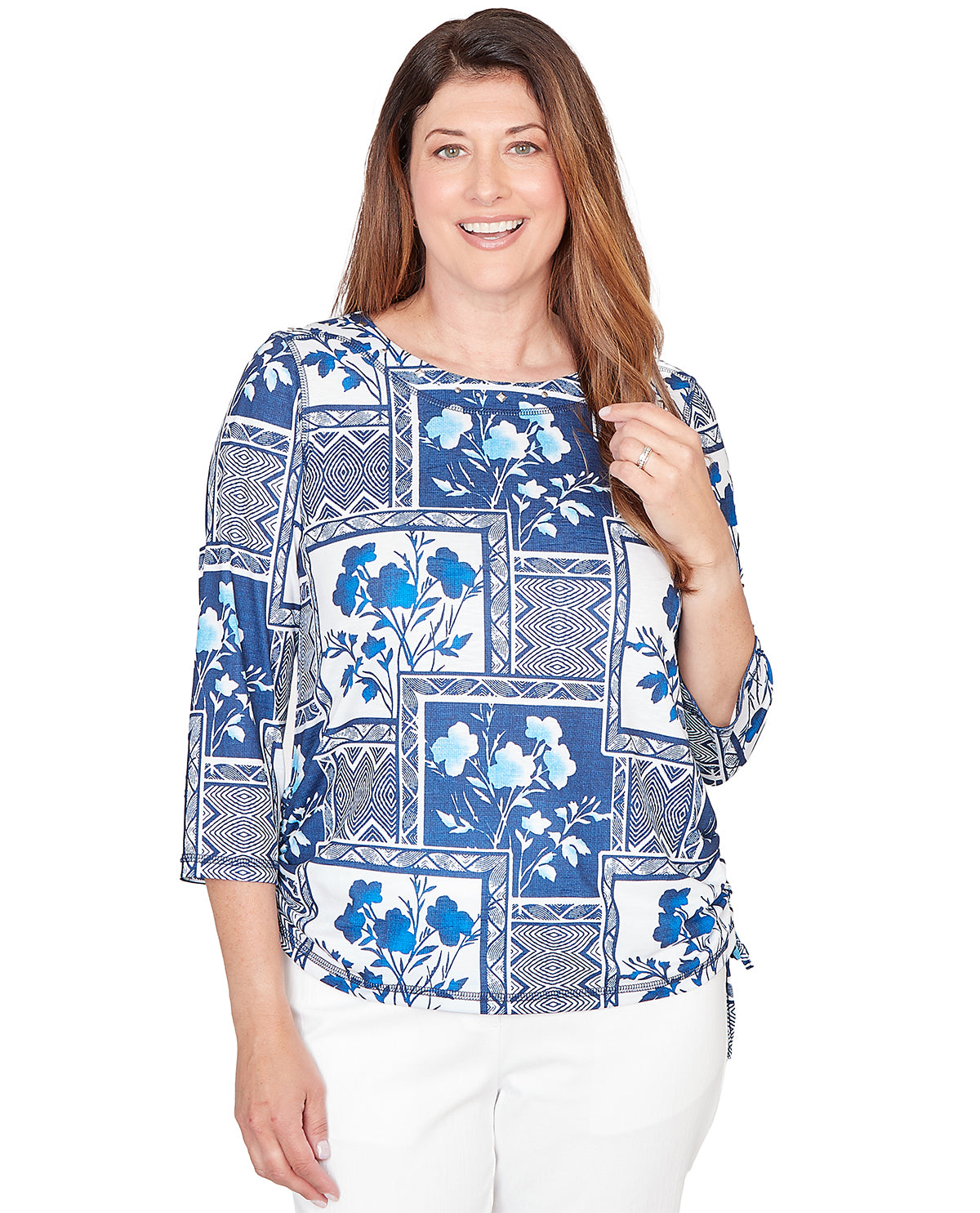 Alfred Dunner Petite Mykonos Framed Floral Top Blue