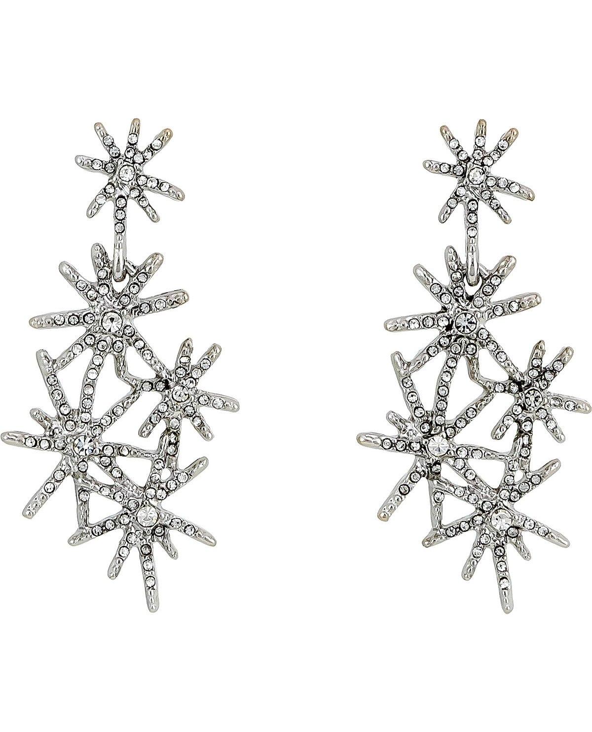 A pair of silver-toned dangle earrings featuring multiple overlapping starburst and snowflake-like clusters set with clear rhinestones, shown against a plain white background.